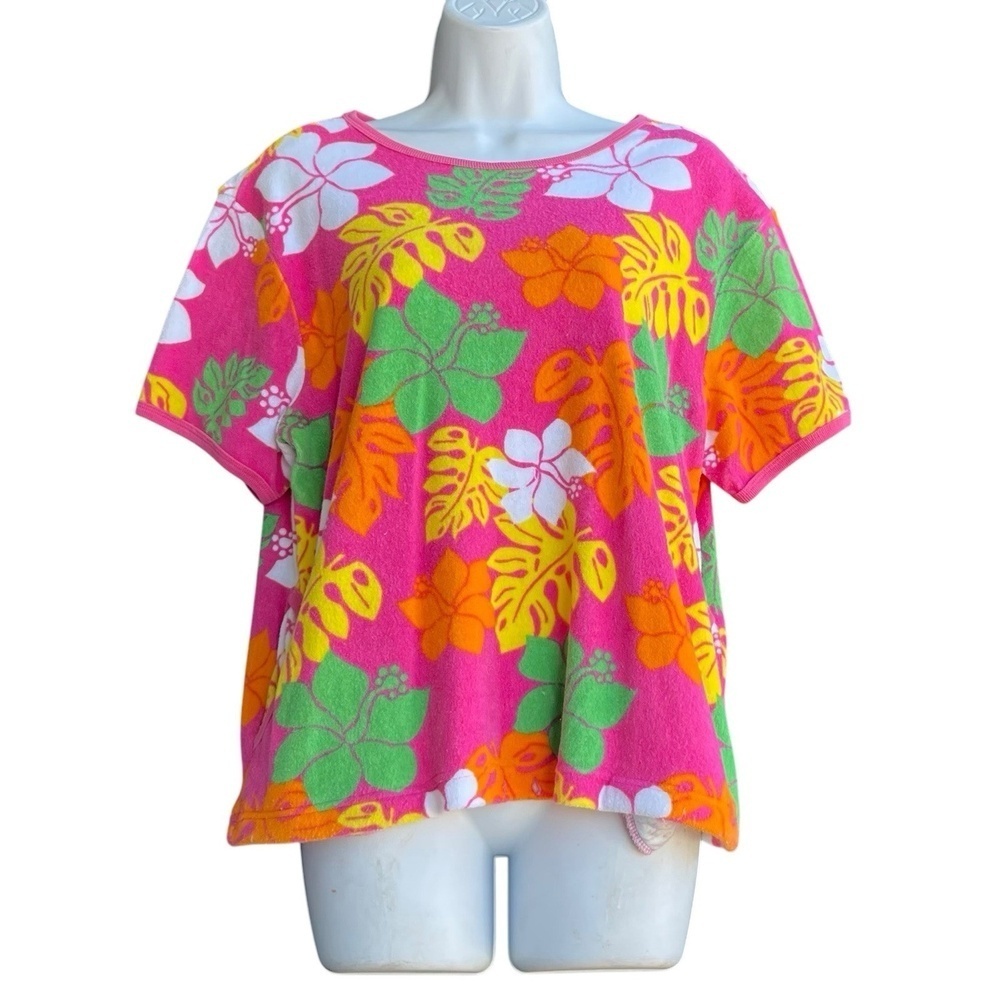 MOUNTAIN LAKE Floral Tropical Terrycloth Top Women's Size L Multicolor Pockets